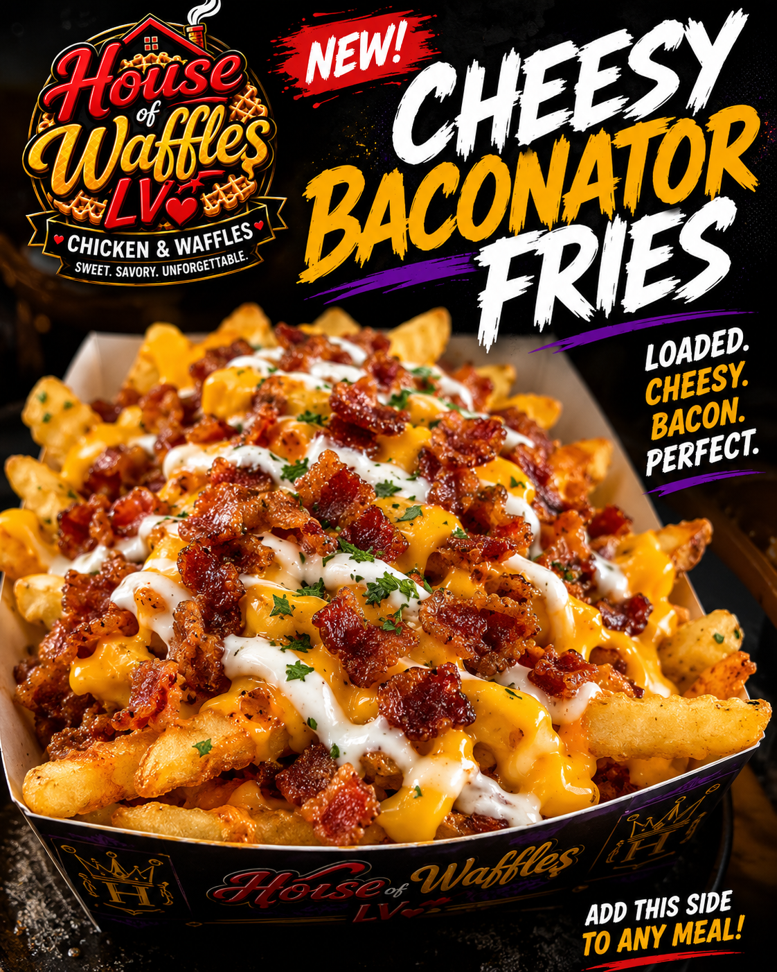 Cheesy Baconator Fries — crispy fries loaded with nacho cheese and fresh bacon bites