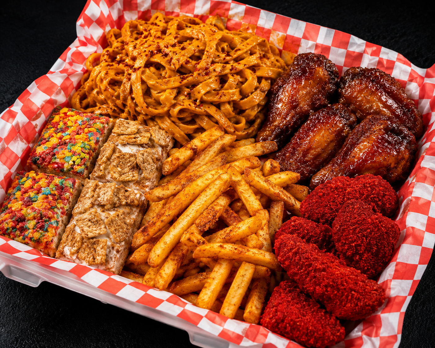 House Of Waffles LV chicken combo basket with wings, fries, pasta and waffles