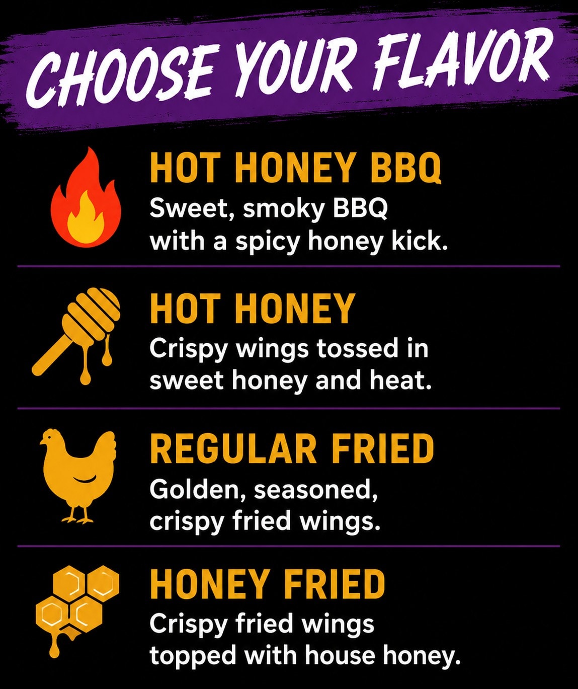 House Of Waffles LV wing flavor options — Hot Honey BBQ, Hot Honey, Regular Fried, Honey Fried