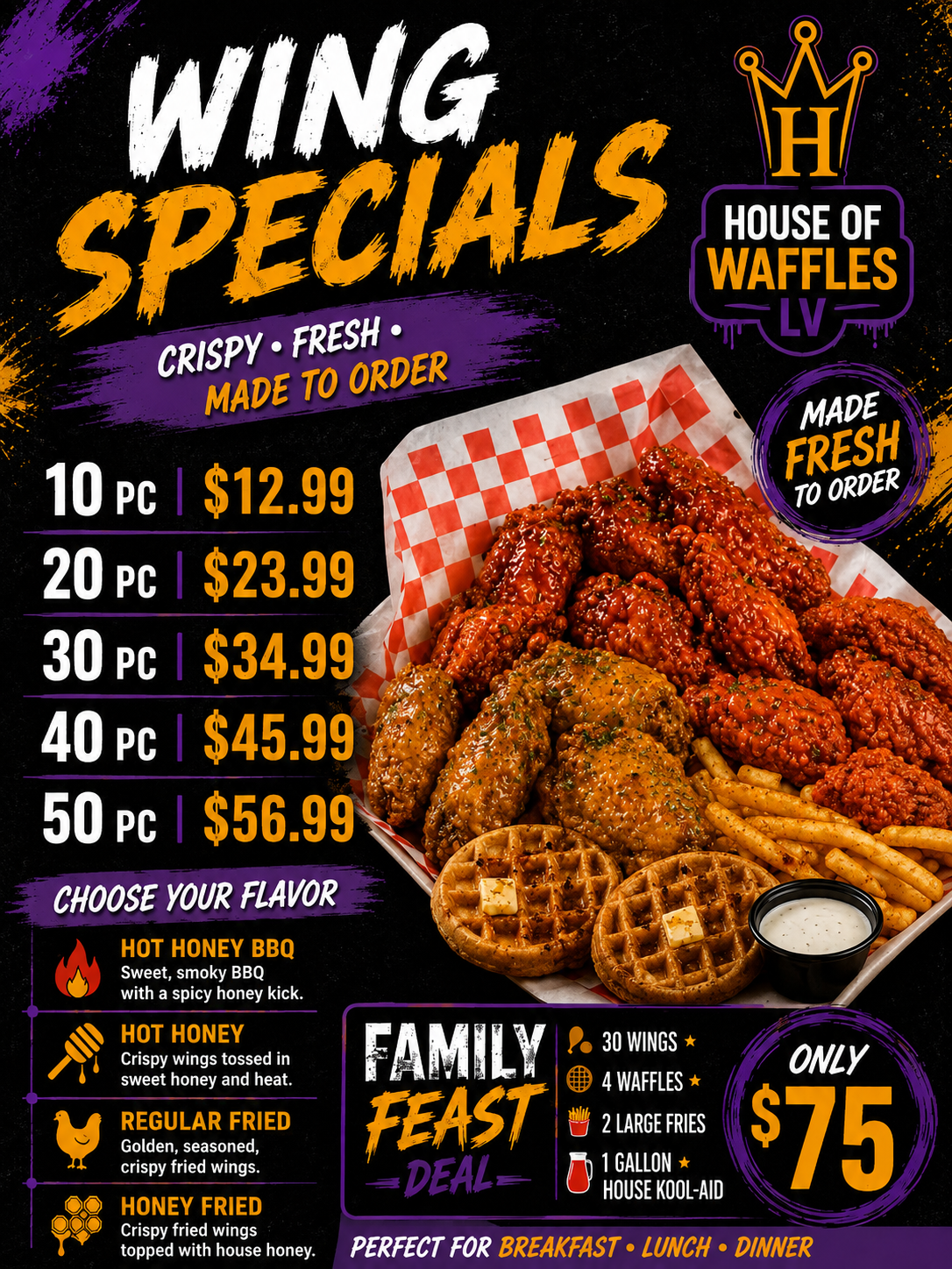 House Of Waffles LV Wing Specials — 10 to 50 piece pricing with Family Feast Deal